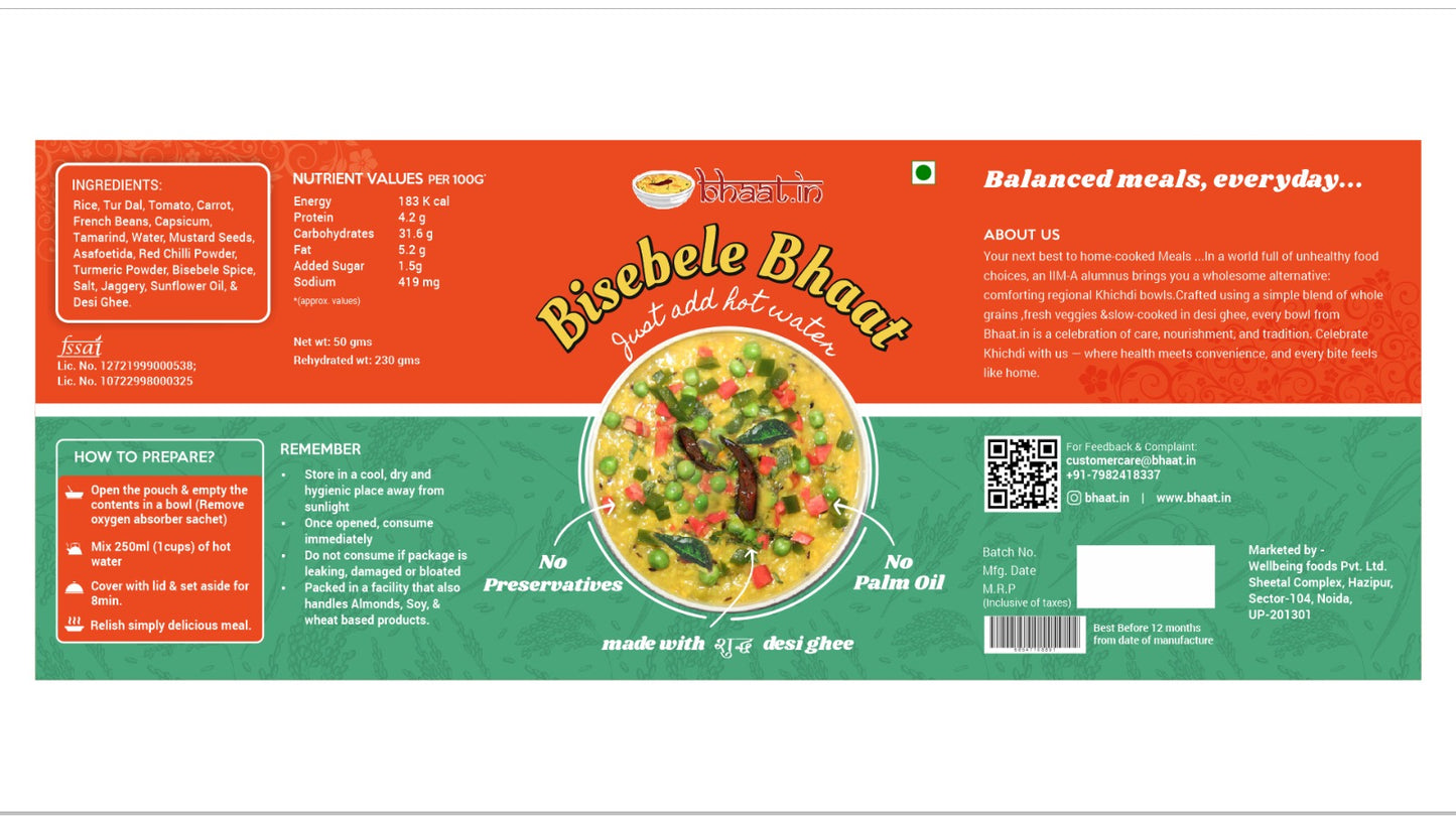 Dehydrated-Bisebele Bhaat| Ready to eat|Just add hot water|Serves 2|Pack of 2