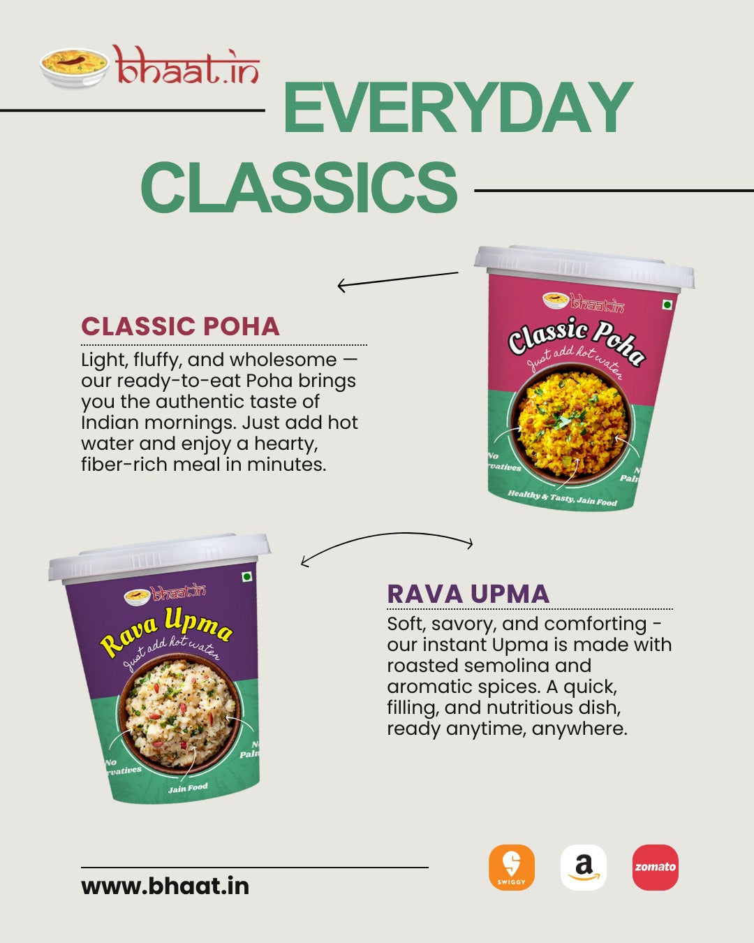 Dehydrated - Jain Breakfast combo-Poha & Upma|Just add hot water|Ready to Eat|Serves 2