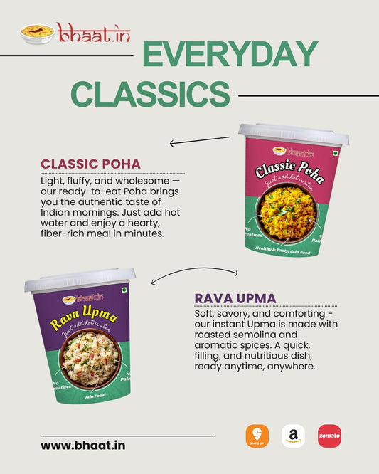 Dehydrated - Jain Breakfast combo-Poha & Upma|Just add hot water|Ready to Eat|Serves 2